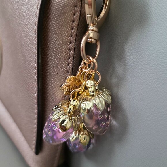 Pink Strawberry Keychain Gold-Tone Heart Clasp Textured Triple Charm - Picture 2 of 4